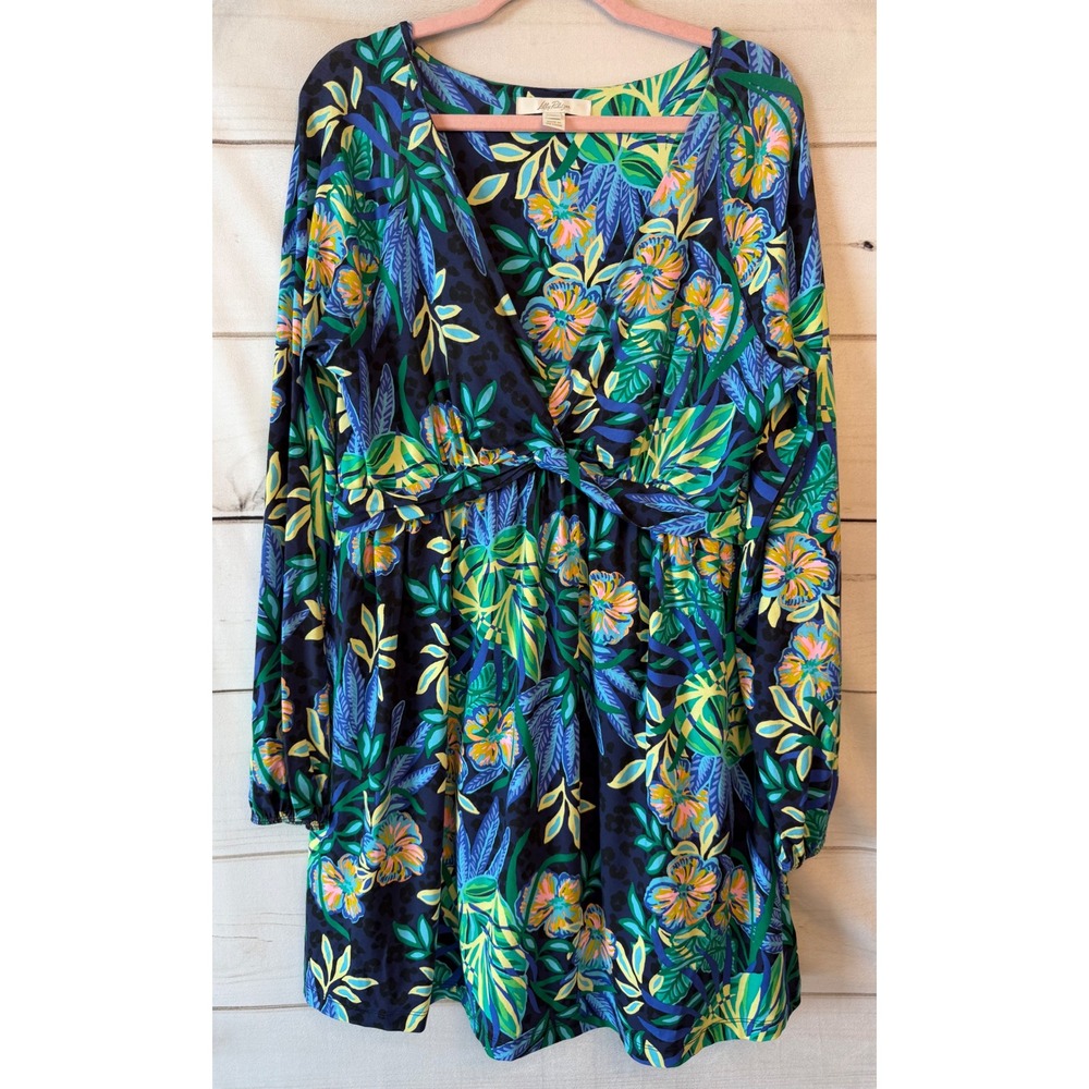 Lilly Pulitzer Tropical Floral Leopard Print Long Sleeve Mini Dress XL RN88189